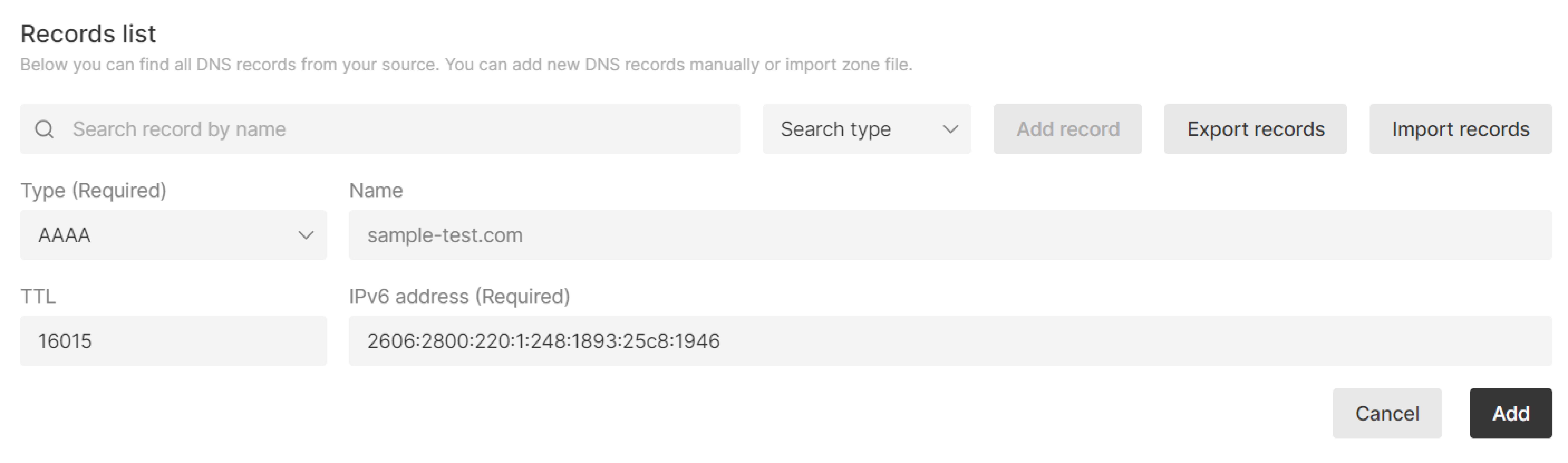 Example of adding an AAAA record