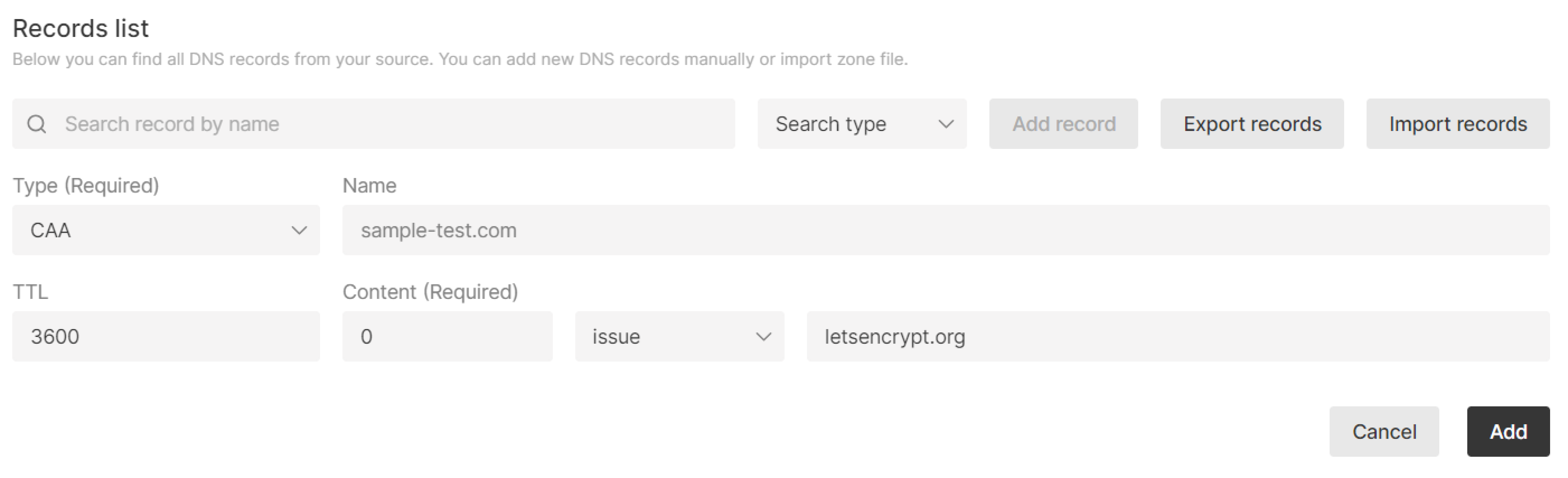 Example of adding a CAA record